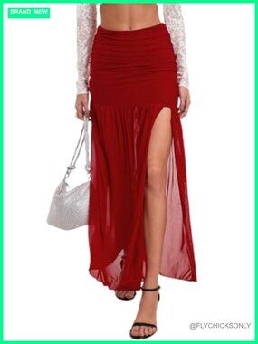 Sexy Side Ruched Mesh Maxi Skirt Flowy Pleated Slit Hem Bodycon Long